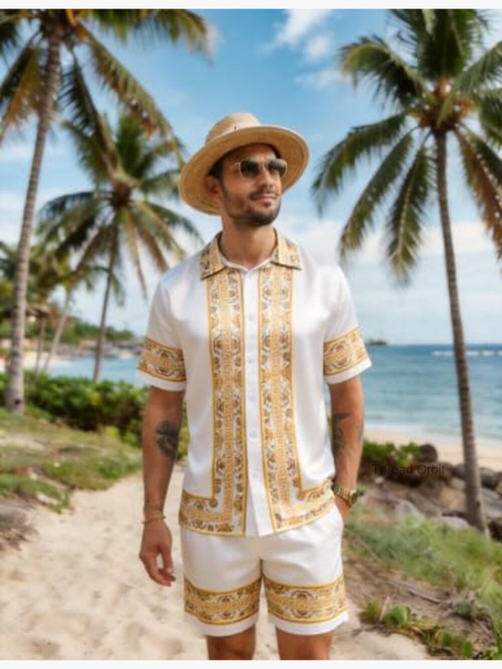 Men's Satin Silk Button Down Shirt Set 2 Piece Summer Beach Outfits - Picture 3 of 7